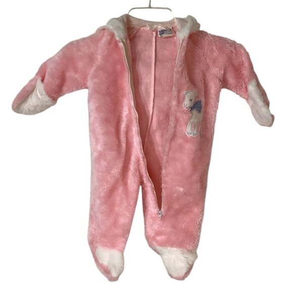 Vintage 80's Wonderalls Pink Fleece Footed Baby Romper - Size 6 mo / 10-15 Lbs - Picture 3 of 8